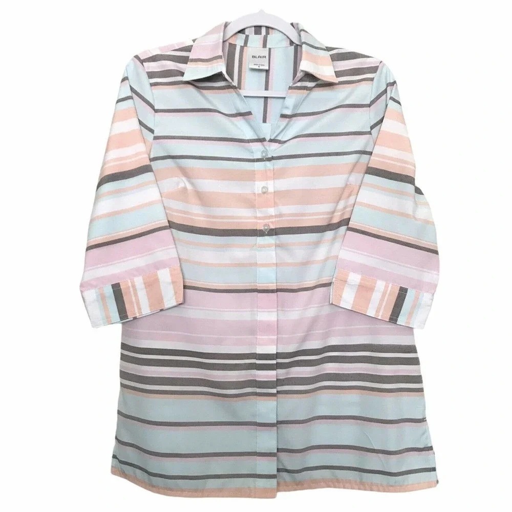 Blair Button Down Tunic Women S Multicolor Striped 3/4 Sleeve Pleated Preppy